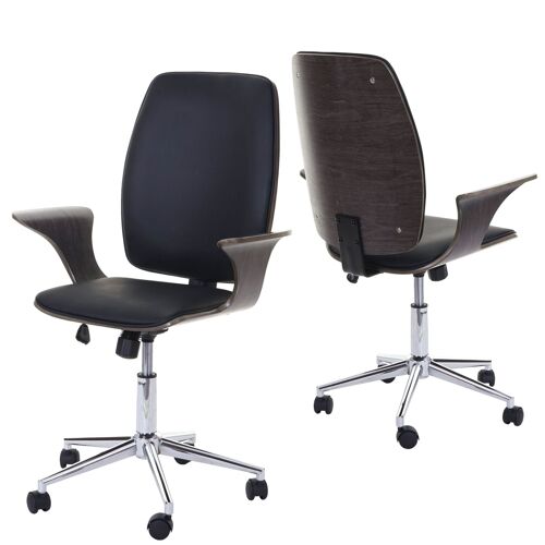 Chaise de bureau HWC-C54, bois courbé, chaise pivotante, similicuir   design bois de noyer, tissu noir