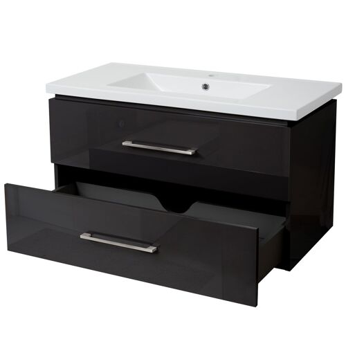 Lavabo Premium + meuble sous-lavabo HWC-D16, lavabo, brillant 90cm   noir