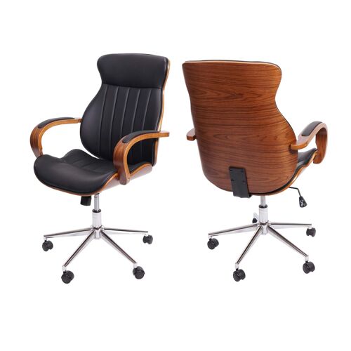 Chaise de bureau HWC-H39, pivotante, fauteuil, bois courbé, aspect noyer, similicuir   noir