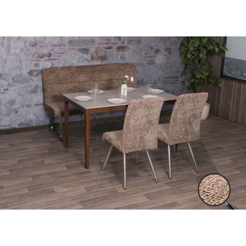 Set De Salle À Manger Hwc-G55, Set De 2 Chaises + Banc 160cm, Inox Brossé Tissu/Textile Chenille   Brun