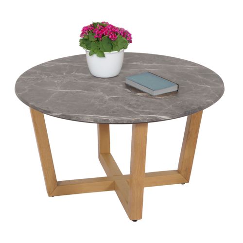 Table Basse Hwc-M61, Table D'appoint Table De Salon, Bois Massif Hdf Stratifié Mélaminé Ø80cm, Aspect Marbre/Pierre, Structure Claire