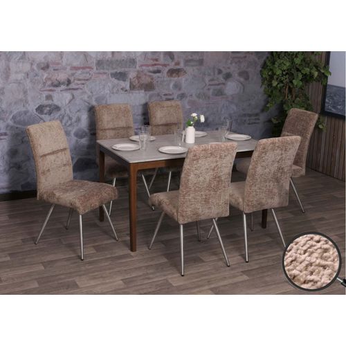 Lot De 6 Chaises De Salle À Manger Hwc-G55, Fauteuil De Cuisine, Acier Inoxydable Brossé Tissu/Textile Chenille Oeko-Tex   Marron
