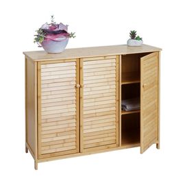 Armoire De Salle De Bain Hwc-B18, Armoire De Salle De Bain Étagère De Salle De Bain Commode, 3 Portes Bambou 81x97x34cm