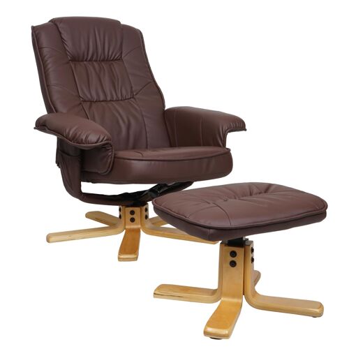 Fauteuil relax M56, Fauteuil TV avec pouf Ottomane, similicuir bois d'eucalyptus   rouge-brun