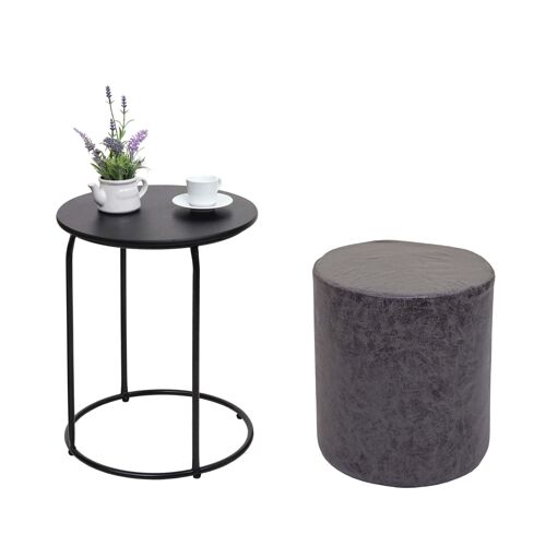 Lot de 2 poufs et table d'appoint HWC-K48, table basse table tabouret, certifié MVG MDF métal similicuir   noir