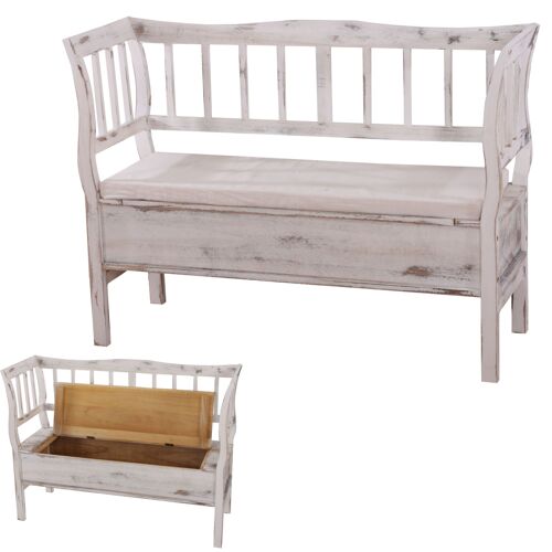 Banc banquette de rangement T207 bahut coffre avec coussin   bois blanc shabby chic
