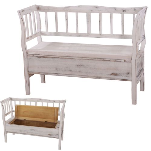 Banc Banquette De Rangement T207 Bahut Coffre Avec Coussin   Bois Blanc Shabby Chic