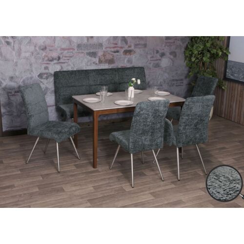 Set de salle à manger HWC-G55, set de 4 chaises + banquette 160cm, inox brossé tissu/textile chenille   bleu-vert