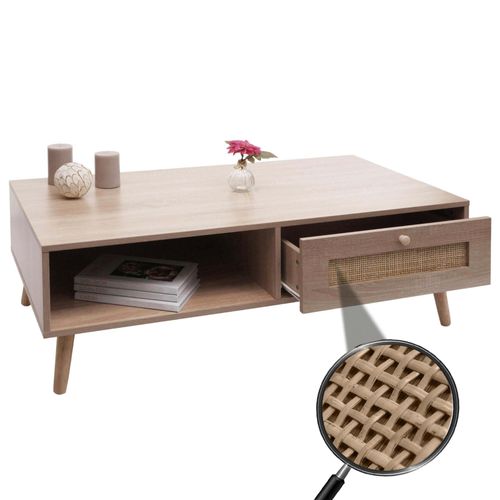 Table Basse Hwc-M39, Table De Salon Table D'appoint Table De Salon, Tiroir Kubu Rotin Bois Mélamine, 37x110x59cm Aspect Chêne