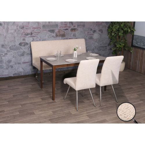 Set De Salle À Manger Hwc-G55, Set De 2 Chaises + Banc 160cm, Inox Brossé Tissu/Textile Chenille   Crème