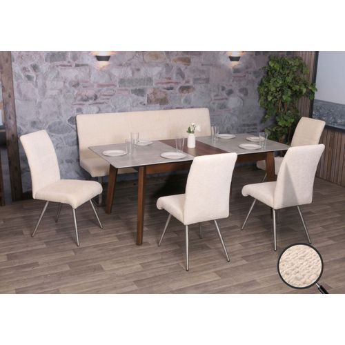 Set De Salle À Manger Hwc-G55, Set De 4 Chaises + Banc 180cm, Inox Brossé Tissu/Textile Chenille   Crème