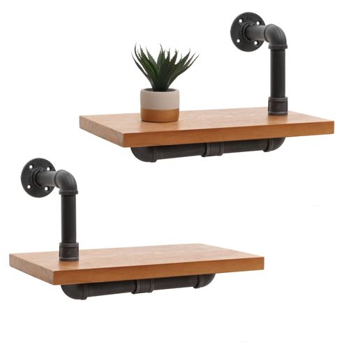 Lot De 2 Étagères Murales Hwc-N29, Étagère Suspendue Étagère À Livres, Structure 3d Acier Industriel Bois Massif 29x45x25cm   Naturel