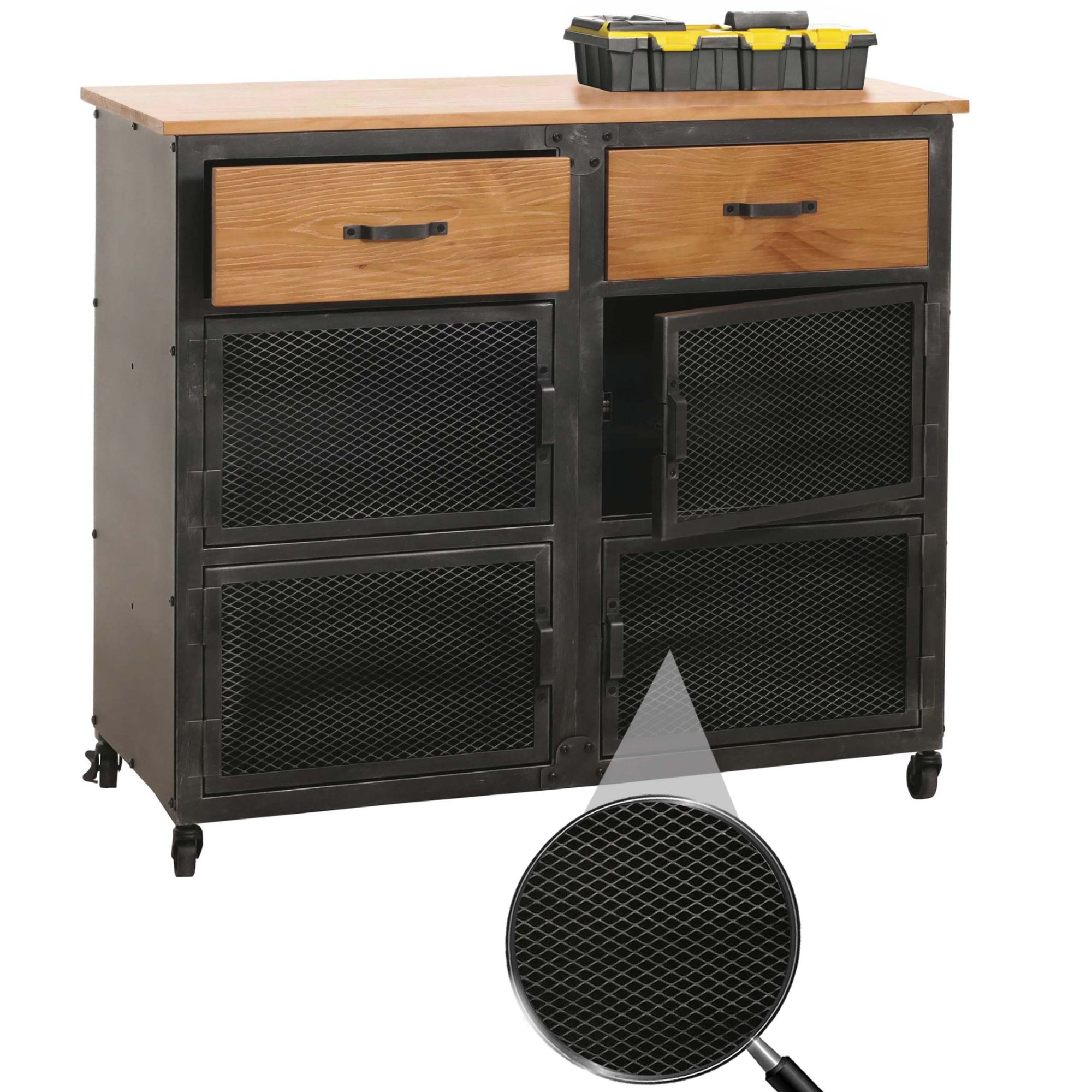 Servante D'atelier Hwc-N28, Chariot À Roulettes, Roulettes 2 Tiroirs, Structure 3d Métal Bois 90x100x40cm   Noir, Naturel