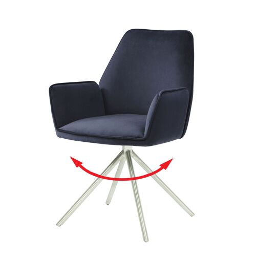 Chaise de salle à manger HWC-G67 pivotante Auto-Position, velours   bleu anthracite, inox