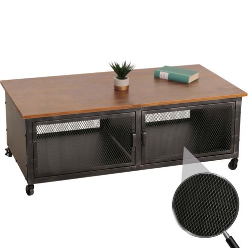 Table Basse Hwc-N28, Table De Salon, Roulettes 2 Compartiments, Structure 3d Industrielle Rétro Métal Bois 45x120x60cm   Noir, Marron
