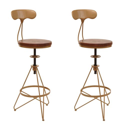 Lot de 2 tabourets de bar HWC-N18, chaise de bar, hauteur réglable pivotant repose-pieds, métal industriel bois   brun, piètement or