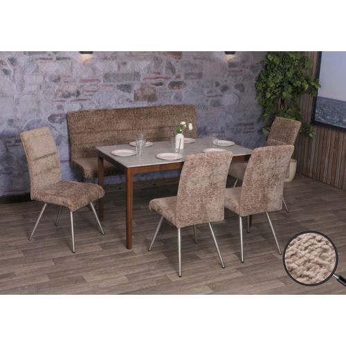 Set De Salle À Manger Hwc-G55, Set De 4 Chaises + Banc 160cm, Inox Brossé Tissu/Textile Chenille   Brun