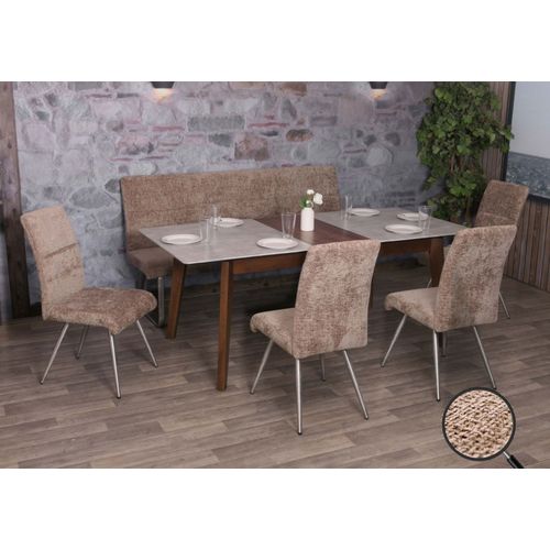 Set De Salle À Manger Hwc-G55, Set De 4 Chaises + Banc 180cm, Inox Brossé Tissu/Textile Chenille   Brun