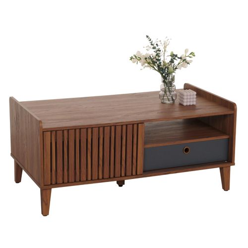 Table Basse Hwc-M48, Table De Salon Table Basse, Manguier Massif 52x114x59cm   Aspect Noyer, Tiroir Gris Foncé