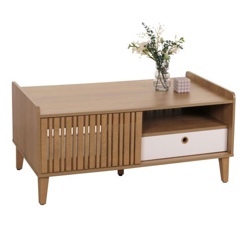 Table Basse Hwc-M48, Table De Salon Table Basse, Manguier Massif 52x114x59cm   Naturel, Tiroir Blanc