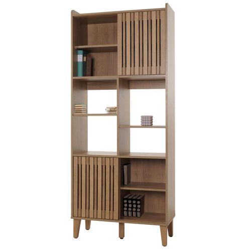 Bibliothèque Hwc-M48, Bibliothèque Haute, Porte Coulissante 8 Compartiments De Rangement Mango Massif Mdf 178x75x35cm   Naturel