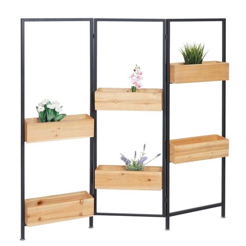 Séparation de pièce avec bac à plantes HWC-L32, bac à fleurs Séparateur de pièce, bois-acier 116x118cm   Structure noire, teinte naturelle