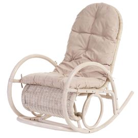 Fauteuil À Bascule Chaise Swing Rocking Chair En Rotin Blanc Coussin Crème 04_0003176