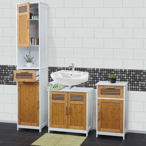 Set de salle de bains HWC-A85, armoire commode meuble sous-lavabo, bambou, blanc