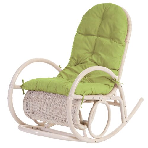 Fauteuil à bascule Esmeraldas, rocking-chair, fauteuil en rotin, blanc   rembourrage vert