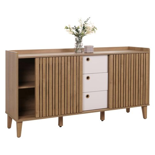 Sideboard Hwc-M48, Commode, Porte Coulissante Compartiment De Rangement, Bois Massif De Manguier Mdf 81x150x40cm   Naturel, Tiroirs Blancs