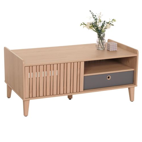 Table Basse Hwc-M48, Table De Salon Table Basse, Manguier Massif 52x114x59cm   Beige, Tiroir Gris