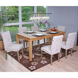 6x chaise de séjour Littau, fauteuil   tissu avec écriture, crème, pieds couleur chaîne