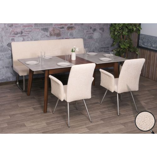 Set De Salle À Manger Hwc-G55, Set De 2 Chaises Avec Accoudoirs+Banc 180cm, Inox Brossé Tissu/Textile Chenille   Crème