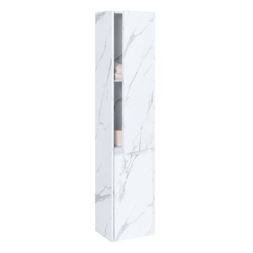 Armoire Suspendue Hwc-L86, Armoire De Salle De Bain Highboard Hochschrank, Mvg Mélamine 2 Portes 3 Compartiments 160x33cm   Aspect Marbre Blanc