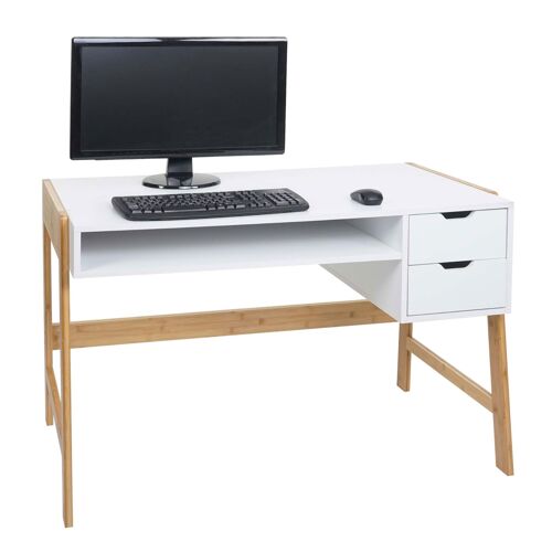 Bureau HWC-K12, table d'ordinateur, table de travail, tiroir, bambou 76x155x58cm   blanc