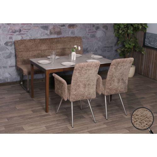 Set De Salle À Manger Hwc-G55, Set De 2 Chaises Avec Accoudoirs+Banc 160cm, Inox Brossé Tissu/Textile Chenille   Brun