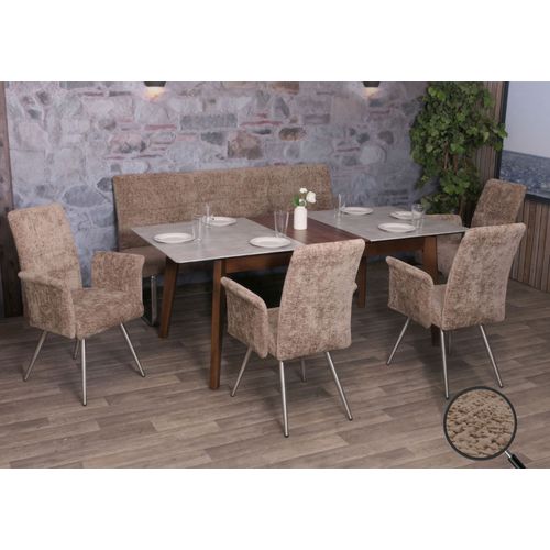 Set De Salle À Manger Hwc-G55, Set De 4 Chaises Avec Accoudoirs+Banc 180cm, Inox Brossé Tissu/Textile Chenille   Marron