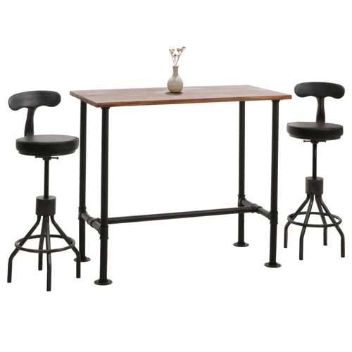 Set Table De Bar + 2x Tabourets De Bar Hwc-N21, Hauteur Réglable Pivotant Repose-Pieds, Métal Industriel Similicuir   Brun, Noir