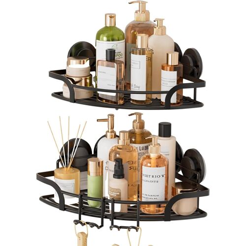 Lot de 2 étagères d'angle de douche à ventouse sans perçage avec crochets - Panier mural amovible en acier inoxydable - Noir
