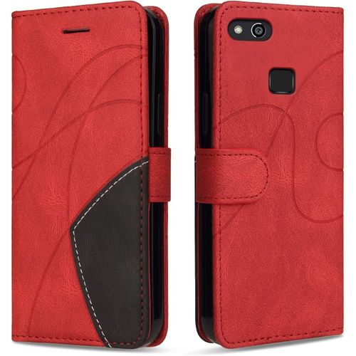Kal-Coque Pour Huawei P10 Lite/Nova Lite, Antichoc Étui À Rabat Avec Porte Cartes, Magnetique Portefeuille Coque En Pu Cuir Pour Huawei P10 Lite/Nova Lite, Rouge
