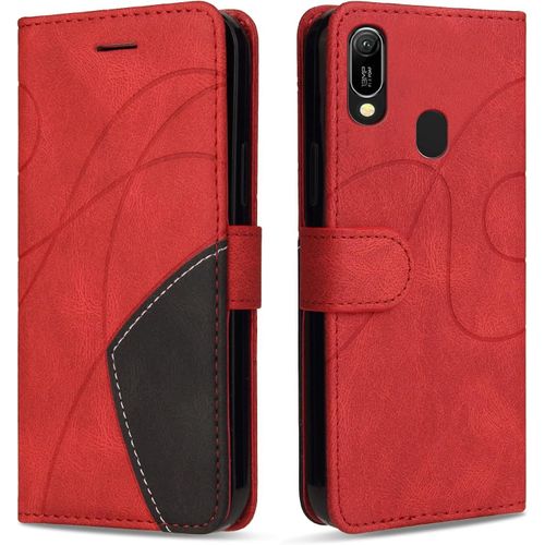 Kal-Coque Pour Huawei Y6 2019 / Honor 8a, Antichoc Étui À Rabat Avec Porte Cartes, Magnetique Portefeuille Coque En Pu Cuir Pour Huawei Y6 2019 / Honor 8a, Rouge