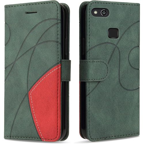 Coque Portefeuille Antichoc Compatible Huawei P10 Lite / Nova Lite ¿ Étui Cuir Pu Magnétique Avec 3 Porte-Cartes, Poche Billets Et Support, Vert