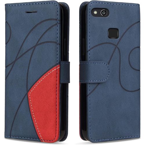 Coque Portefeuille Magnétique Pour Huawei P10 Lite / Nova Lite - Étui Cuir Pu Antichoc Avec 3 Emplacements Cartes Et Support - Bleu