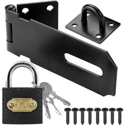 KALANKA-3 Inch Loquet de porte en acier inoxydable avec cadenas, loquet de sécurité Loquet de Cadenas Agrafe Porte Fermoir Verrou de Porte Moraillon De Verrou pour chambre à coucher garage noir