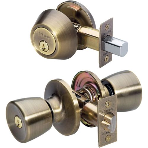 Serrure De Porte D'Entrée À Clé,Pêne Dormant Monocylindre Avec Bouton De Style Tulipe Assorti,Laiton Antique,Tuco0605,Combo