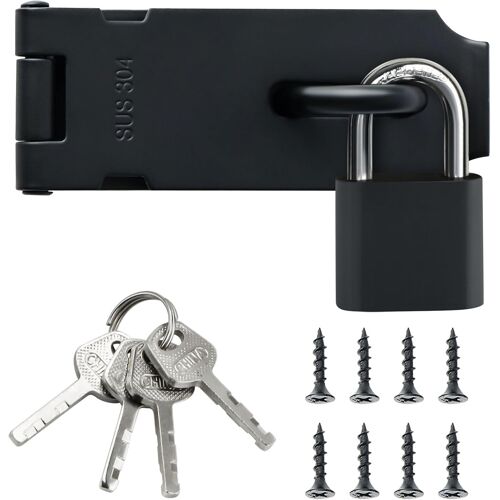 Loquet Porte Exterieur Verrou Portail Avec Cadenas, Verrou Porte Interieure En Acier Inoxydable Sus304 Pour Armoire, Jardin, Noir Mat, Emst009-B
