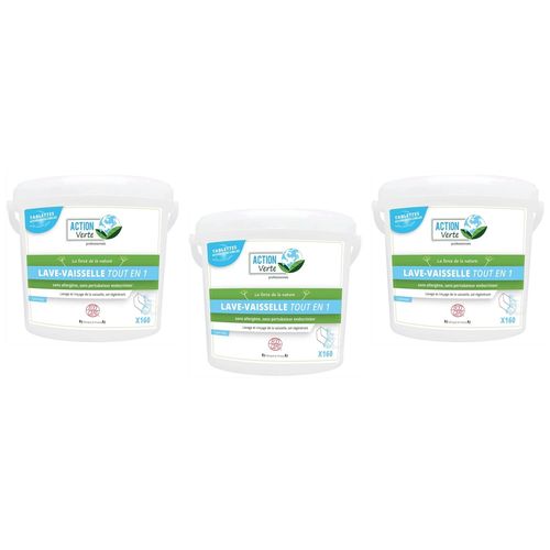 Action verte Lot de 3 Seaux 160 Tablettes lave-1 vaisselle tout en un cycle long Ecocert