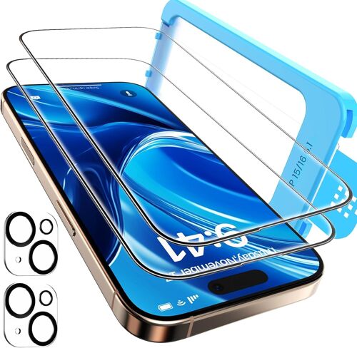 Verre Tremp¿¿ pour iPhone 15 [2 ¿¿crans + 2 Cam¿¿ras] - Protection Compl¿¿te 9H+ Militaire Anti-Rayures, Installation Automatique Sans Bulles