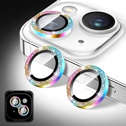 Glitter Camera Lens Protector for iPhone 14/iPhone 14 Plus 9H Tempered Glass Camera Cover,Self Aligning Metal Rings