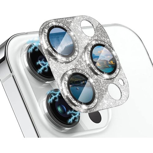 Glitter Femmes Caméra Arrière Protecteur Pour Iphone 15 Pro/Iphone 15 Pro Max, Film Lentill De Protection Dureté 9h Verre Trempé Protecteurs Pour Iphone 15 Pro/Iphone 15 Pro Max Argent